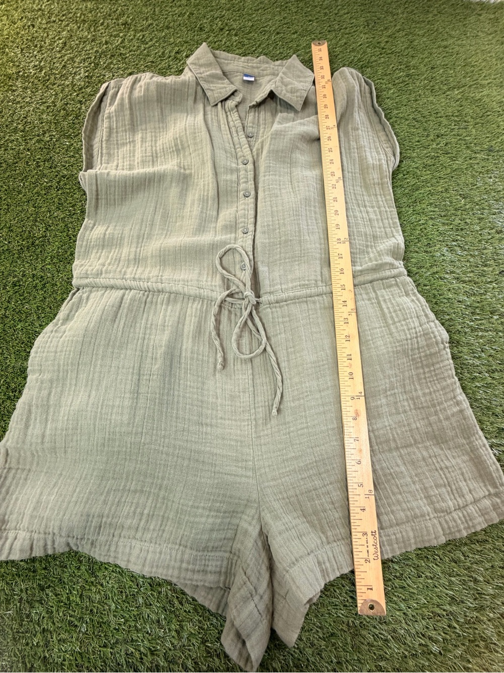 Old Navy Olive Green Gauze Romper with Button Front